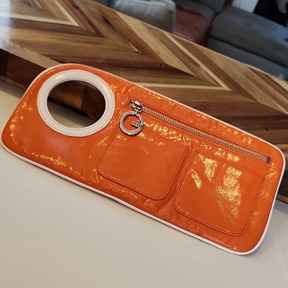 Orange Patent Leather Clutch with Silver Detail